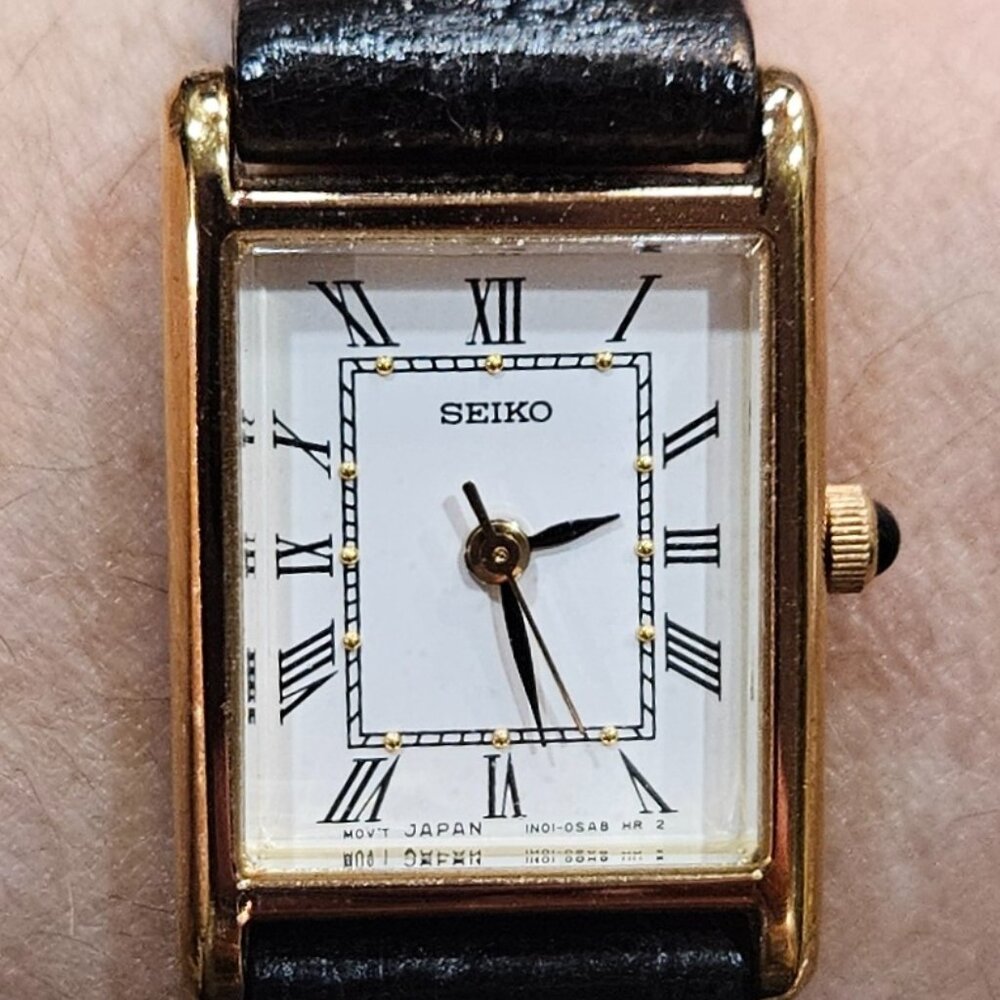 Seiko Women's Tank Watch w/ White Face & Black Leather Strap, Cabuchon stem - Picture 4 of 11